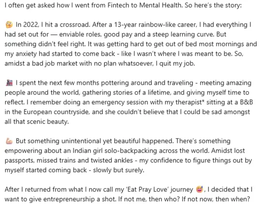 LinkedIn post written in a founder’s voice about moving from fintech to mental health, with the founder’s details removed.