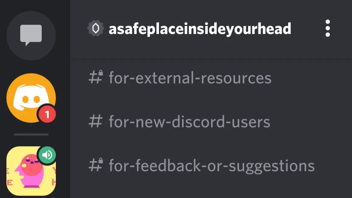 Channel list for a peer support Discord server, with channels for external resources, new users and feedback.