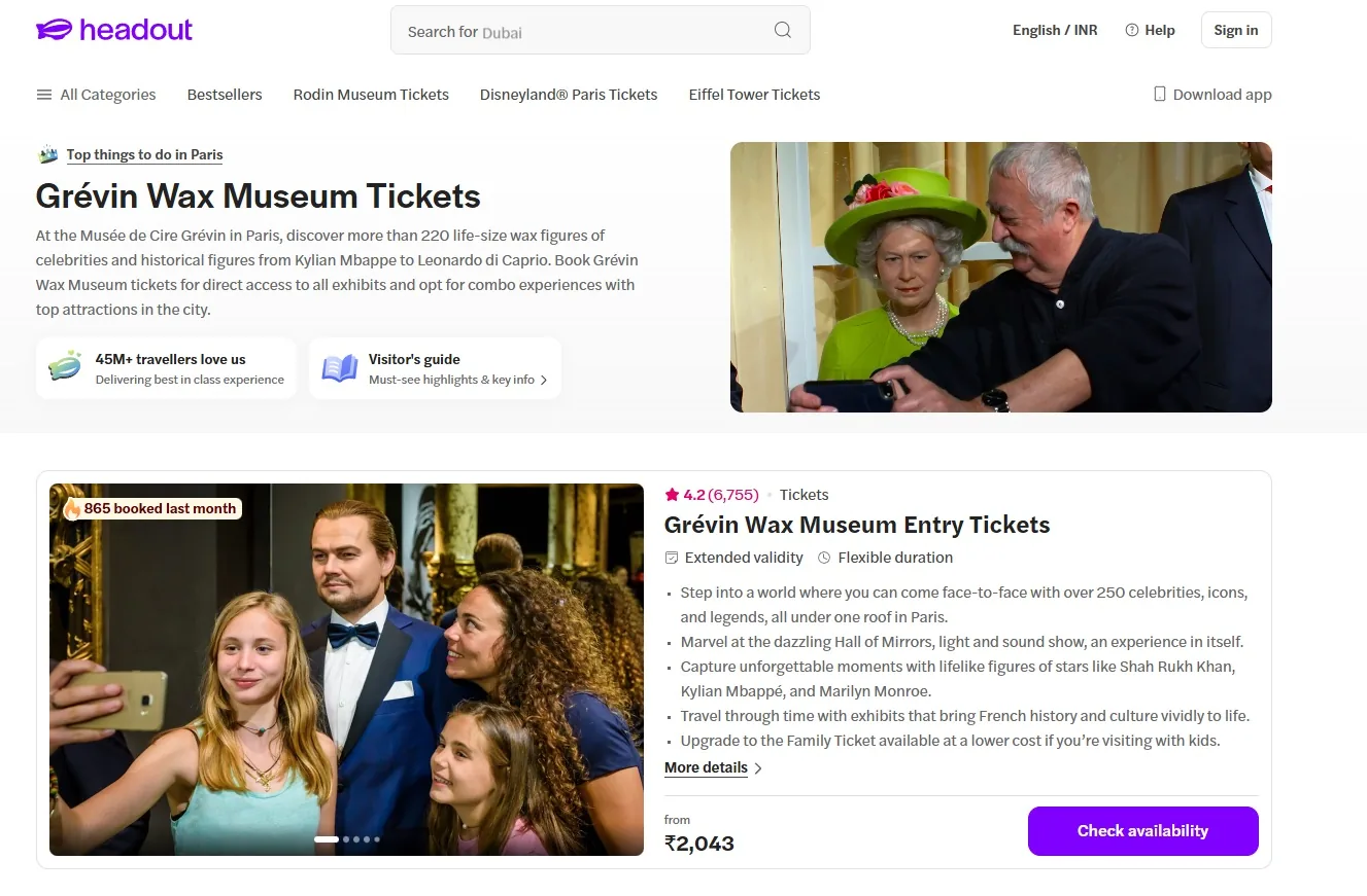 Headout landing page for Grévin Wax Museum tickets in Paris.