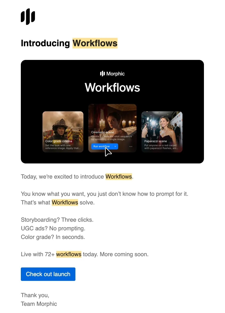 Morphic launch email introducing Workflows, with a product preview and a call to action.