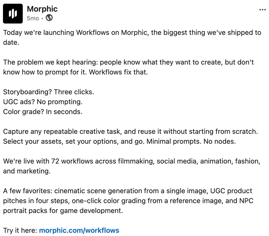 Morphic LinkedIn post announcing Workflows as the biggest thing shipped to date.