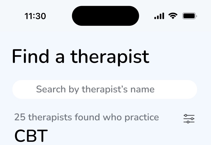 Mobile app screen titled Find a therapist, with a search field and a list of therapists filtered to CBT.