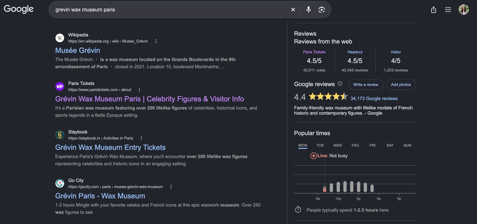 Google results for “grevin wax museum paris”, with Headout rated 4.5 out of 5 in the reviews panel.